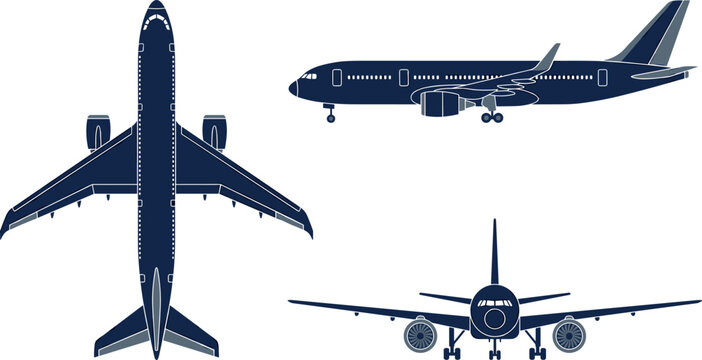 Vector graphic illustration featuring a commercial passenger airplane from three orthographic views including top profile side and front on white.