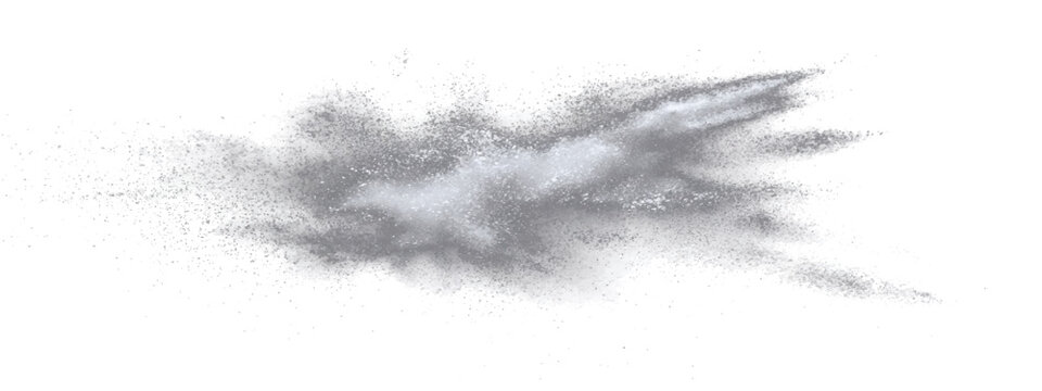 Explosion of powdery substance, perhaps dust or ash, creating dynamic, ephemeral wisps against a clean backdrop.