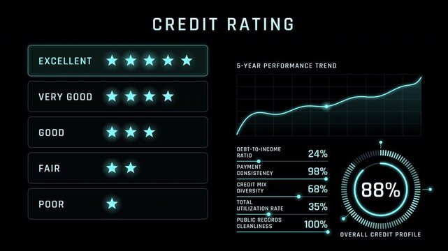 Motion graphics of a futuristic HUD credit rating interface displaying metrics on a deep black background