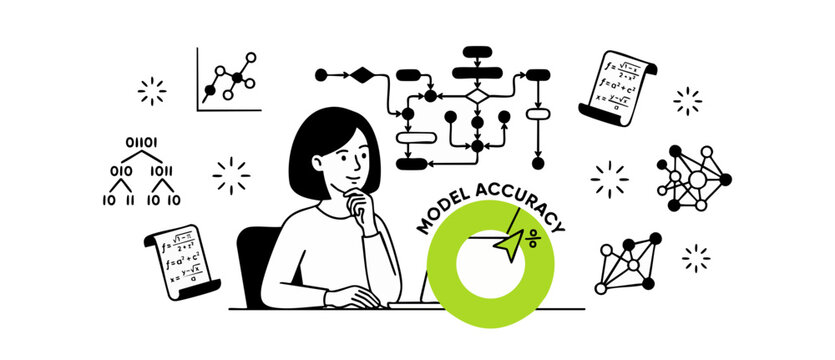 Data scientist optimizing model accuracy with algorithms in workflow. Woman engineer analyzing neural network diagrams, mathematical formulas, and flowchart logic for artificial intelligence success.