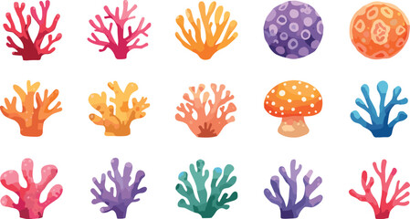 Underwater Coral Reef Vector Icon Set with Colorful Marine Sea Sponge and Polyps for Aquarium, Ocean Life, and Summer Designs © Siddika