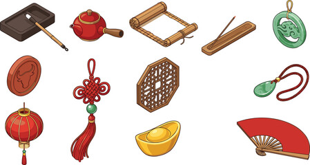 Traditional Chinese culture isometric icon set with red lantern teapot jade pendant calligraphy brush scroll sycee gold and folding fan vector elements © REYAD