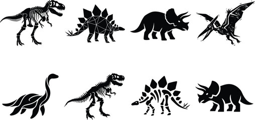 Dinosaur Vector Silhouette And Fossil Icon Set Featuring Tyrannosaurus Rex Triceratops Stegosaurus And Pterodactyl © MstMahurun