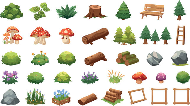 Isometric Forest Nature Assets Vector Set with Trees, Mushrooms, Logs, Rocks, and Wooden Elements for Game Design and Landscape Graphics