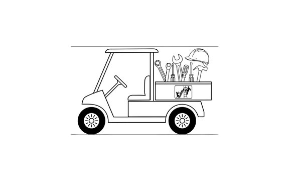 Golf cart with tools in the back for construction work and projects one sentence