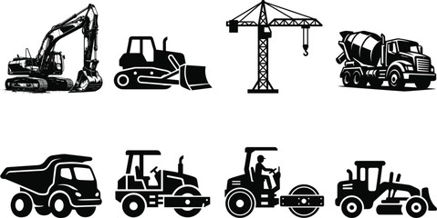 Heavy construction machinery and vehicles black silhouette icon set isolated on a white background © MstMahurun