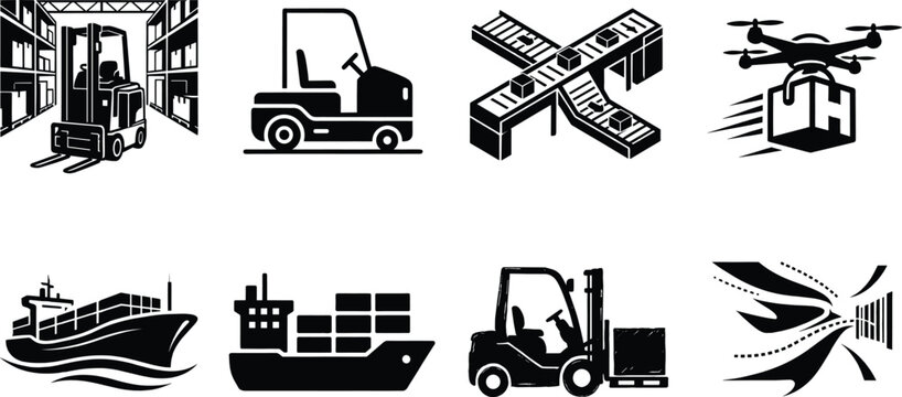 Logistics and Warehouse Vector Icon Set Featuring Forklifts Cargo Ships Conveyor Belt and Delivery Drone