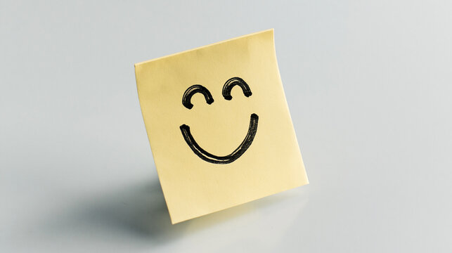 Yellow sticky note with smiley face drawn on it. Sticky note with hand-drawn emoj