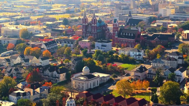 Historic American architecture of Macon, old historical city in Georgia. USA southern cityscape in fall season.