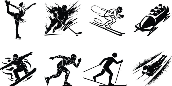 Winter sports black vector silhouettes collection including ice hockey figure skating and snowboarding on white background
