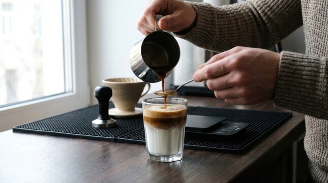 Barista pouring coffee into a glass with milk, creating a layered latte art drink.