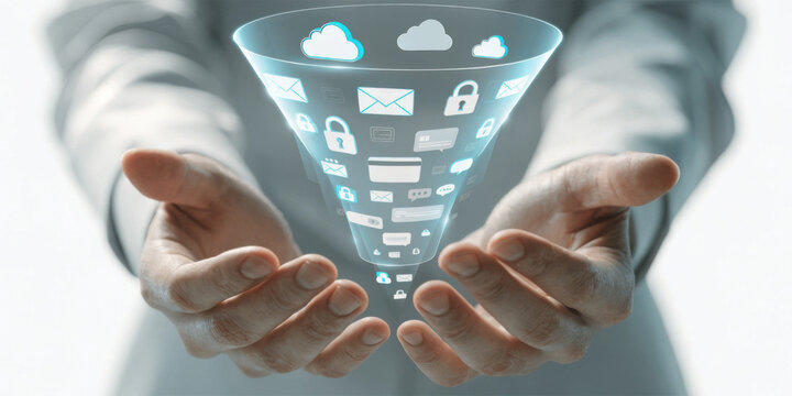 Hands holding a digital funnel with cloud and security icons during a data transfer concept