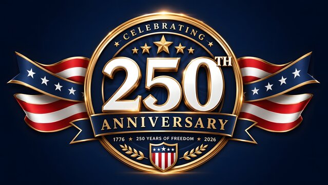Celebrating 250th anniversary of united states with gold badge and american flag ribbons on dark blue background