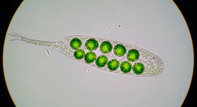 Microscopic organism with flagellum and chloroplasts under microscope