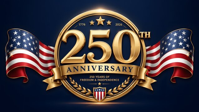 American 250th anniversary emblem with gold badge and usa flags on dark blue background