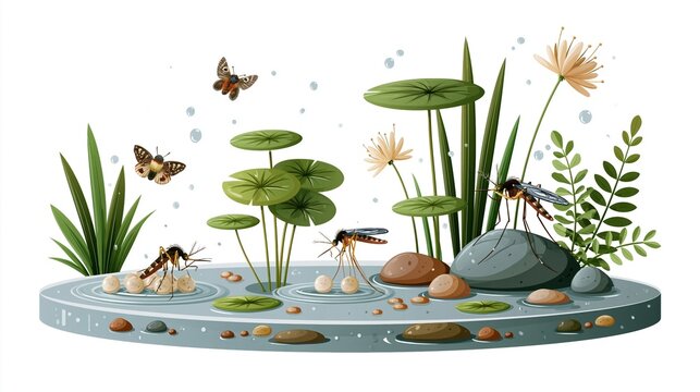 National Mosquito Control Awareness Week: illustration showing the mosquito life cycle from egg to adult in a pond, minimalist style, soft color scheme, educational poster composition