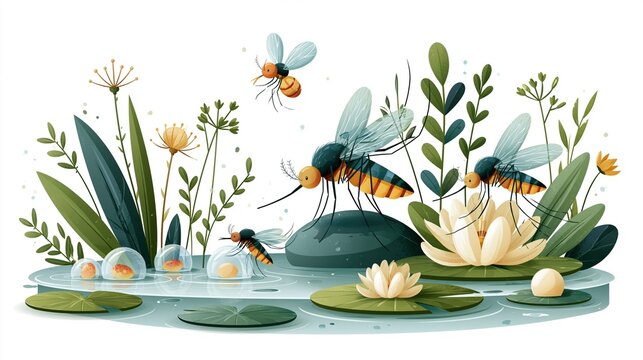 National Mosquito Control Awareness Week: illustration showing the mosquito life cycle from egg to adult in a pond, minimalist style, soft color scheme, educational poster composition