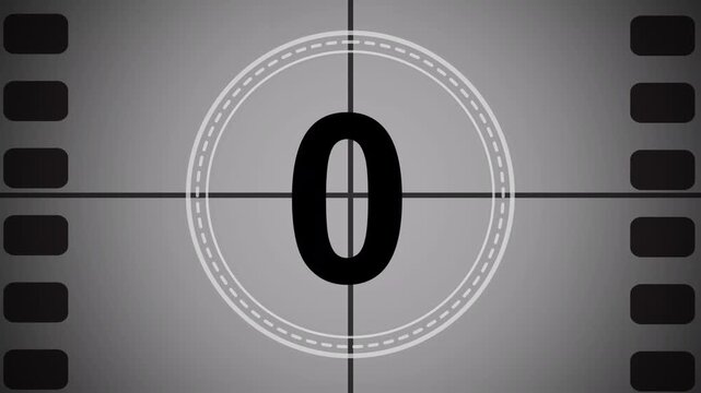 Old film strip countdown 5 to 0 in grey color. Vintage defocused film look, flicker, grain and scratches effect. 4K Cinematic Old Movie Style Motion Video