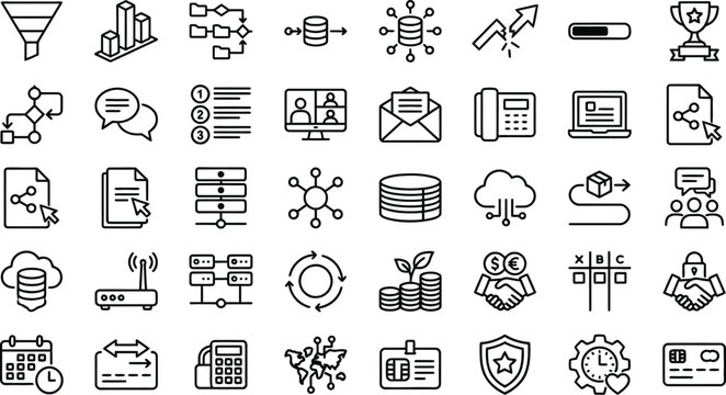 Minimalist business and technology line icons set featuring data analytics, communication, cloud computing, finance, project management, and innovation symbols for modern digital design.