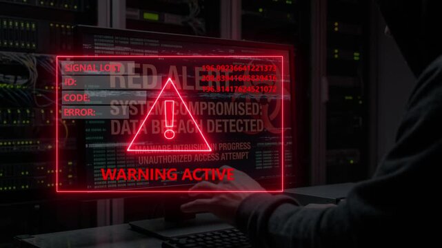 Hacker accessing secured server data in dark room with red security alert warning on screen digital concept.