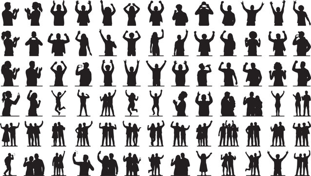 Diverse Crowd Silhouettes, Celebration Poses, Audience Clapping, Group Cheers, Vector Icons Set