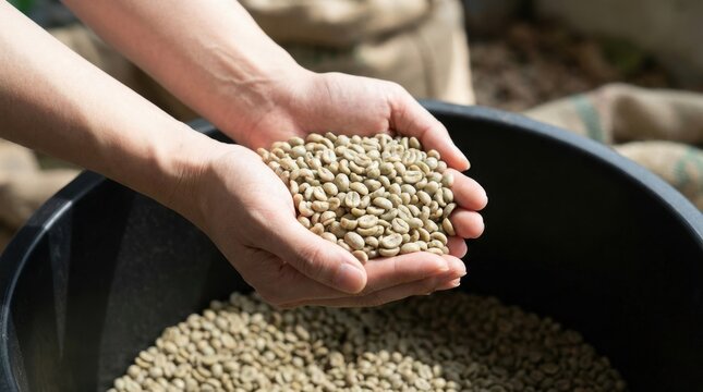 Close-up of hands holding a pile of raw coffee beans in a dark container.