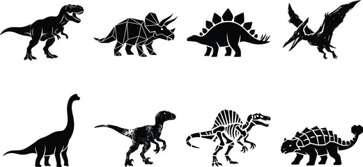Black Silhouette Icons of Dinosaurs Including Tyrannosaurus, Triceratops, Stegosaurus, Pteranodon, and Other Prehistoric Animals © MdMenhajul