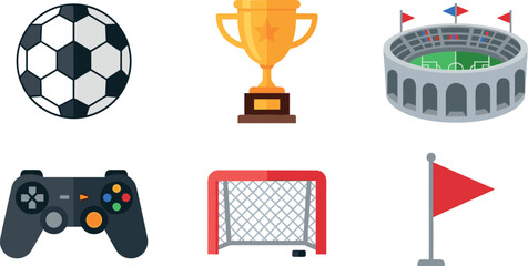 Soccer Football Sport and Gaming Vector Icon Set Featuring Classic Ball, Gold Winner Trophy, Stadium Arena, Game Controller, Goal Post, and Corner Flag Elements © Siddika