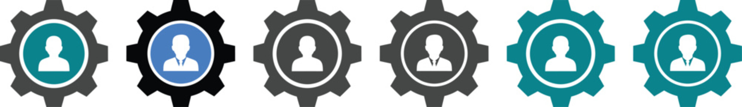 User profile icons with gear cog wheels representing team management and human resources business development concepts in colorful flat vector design