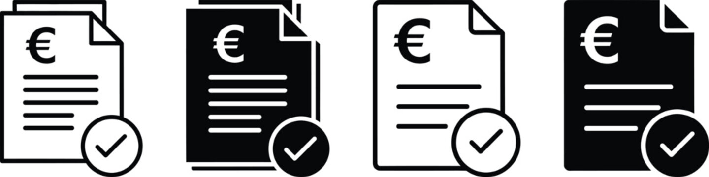 Document icons with euro currency symbol and check mark for financial invoice approval and payment verification in various black and outline styles