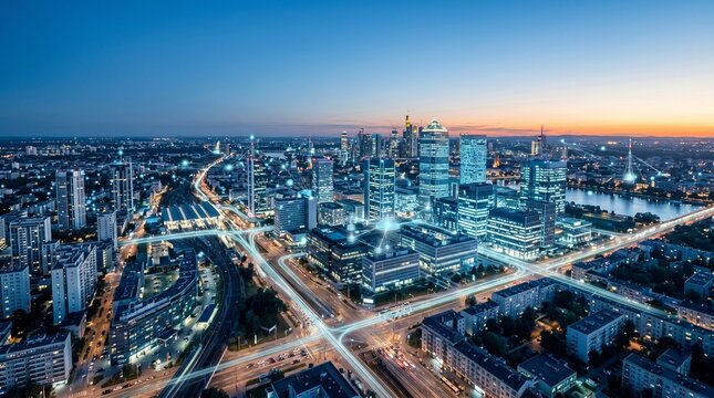 Aerial view of a sprawling metropolis at twilight with glowing light trails on roads and illuminated skyscrapers under a clear blue sky