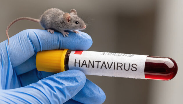 Tiny mouse on gloved hand holding vial with HANTAVIRUS label during medical research study