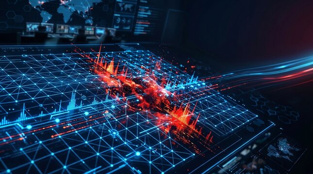 Futuristic digital interface displaying complex data analytics with glowing red and blue light trails over a geometric grid network map