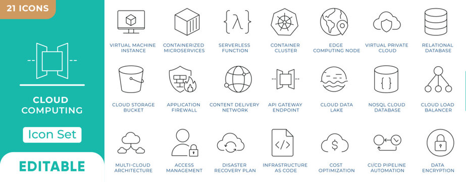 Cloud Computing, DevOps and IT Architecture Editable Line Icon Collection