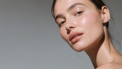 Woman's radiant face with natural glow during soft studio lighting and selective focus for skincare advertising