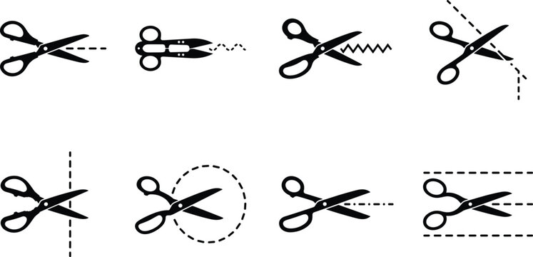 Scissors cutting along dashed lines vector icon set with straight wavy zigzag circle and corner coupon cut path indicators