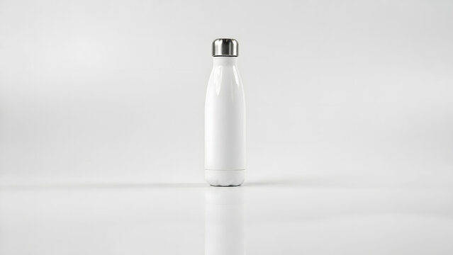 White reusable metal water bottle mockup on white studio background