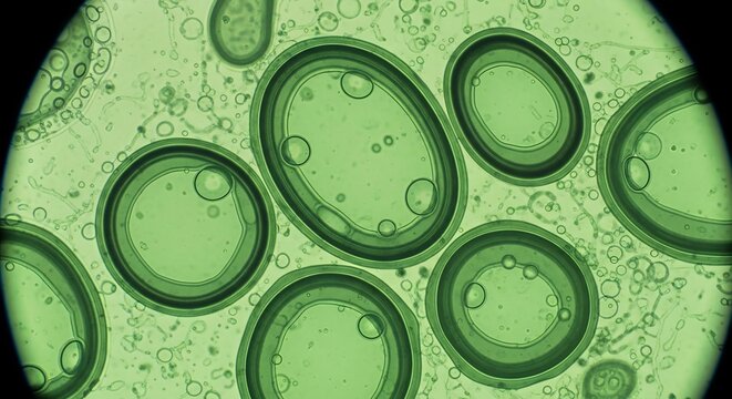 Microscopic view of green circular structures in a liquid sample