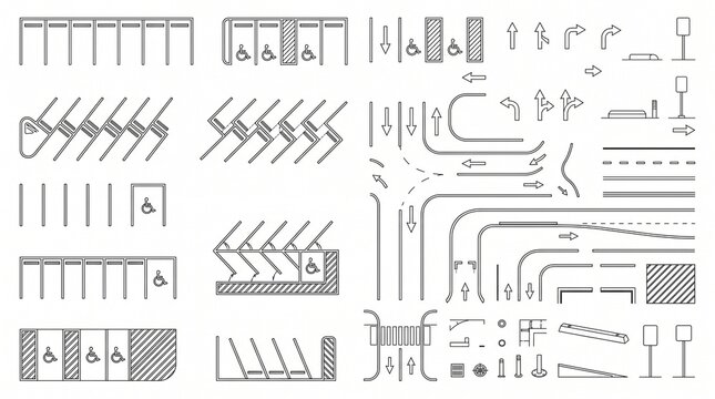 Parking Layout Symbols Collection CAD Site Planning Elements Architectural Parking Spaces Plan Elevation View Urban Design Vector Set