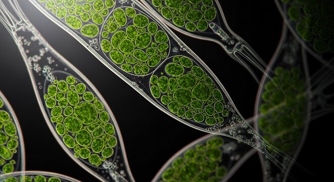 Microscopic view of green algae filaments arranged in chains against a dark background