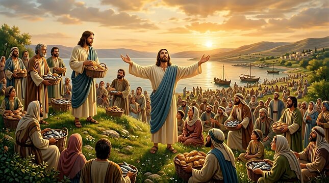 Jesus feeding large crowd with baskets of food by the sea