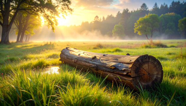 Tranquil landscape with log in a sunny meadow amidst lush greenery