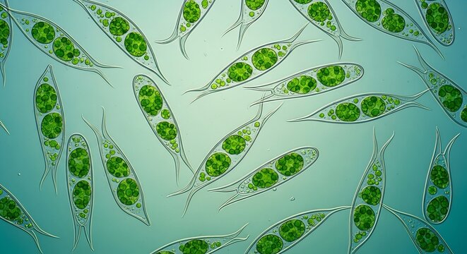 Microscopic green algae swimming in water