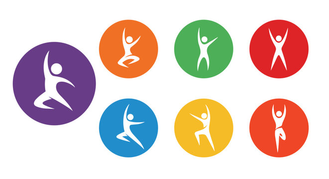Abstract sport and dance human figures icons inside colorful circular badges, representing active healthy lifestyle.
