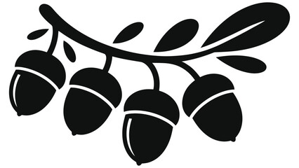 Minimalist Autumn Acorn Branch Vector Illustration - Black and White Silhouette of Oak Tree Nuts with Leaves for Fall Thanksgiving Design © Tanver