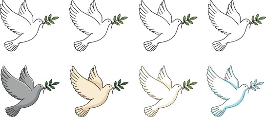 Obraz premium Flying White Dove of Peace Vector Set Featuring Freedom Birds Carrying Green Olive Branches for Religious, Wedding, Harmony, and International Day of Peace Designs