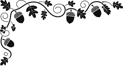 Autumn Vine Corner Ornament with Oak Leaves and Acorns, Elegant Thanksgiving Silhouette Border Vector © Tanver
