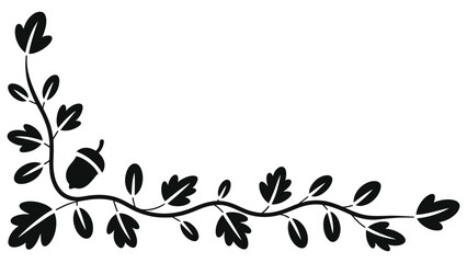 Autumn Vine Corner Ornament with Oak Leaves and Acorn, Black Silhouette Vector Floral Border Decorative Element © Tanver