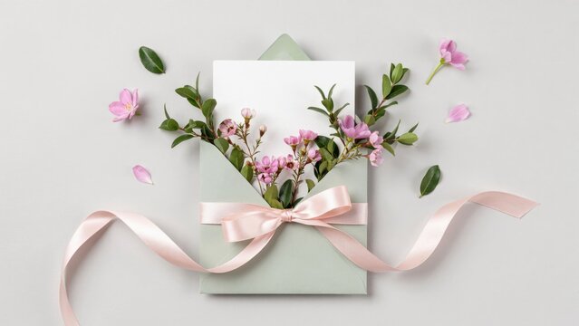 Pale green envelope with pink flowers and ribbon on light gray background