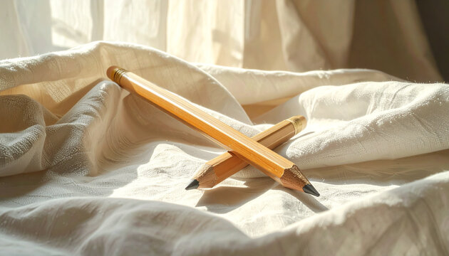 Two pencils crossed on a textured fabric background with soft lighting